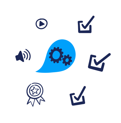 Group of icons: a speaker, a badge, a video, a checkbox, a gear