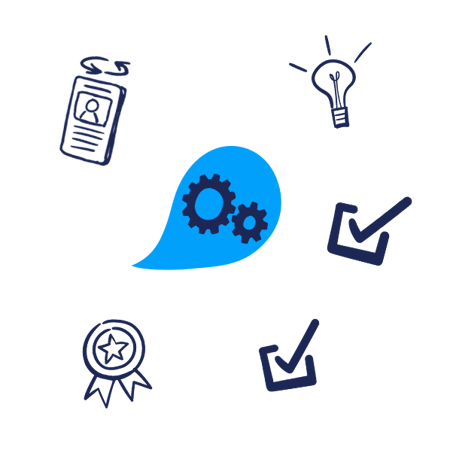 Group of icons: a journal, a badge, a lightbulb, a checkbox, a gear