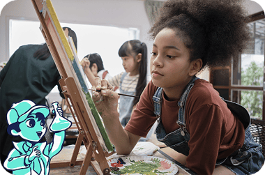 A child paints at an easel during an art activity, with other children in the background and an illustrated water-themed character holding a paintbrush in the corner.