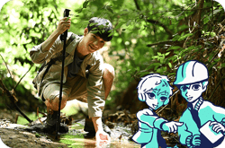 A young person crouches beside a forest stream, touching the water while holding a hiking pole, with illustrated characters of a water scientist and engineer beside them.