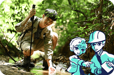 A young person crouches beside a forest stream, touching the water while holding a hiking pole, with illustrated characters of a water scientist and engineer beside them.