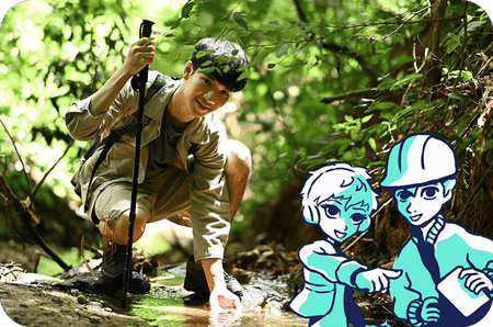 A young person crouches beside a forest stream, touching the water while holding a hiking pole, with illustrated characters of a water scientist and engineer beside them.
