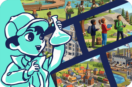 Illustrated young scientist holding a flask in front of scenes showing freshwater, communities, nature, and water-related industries.