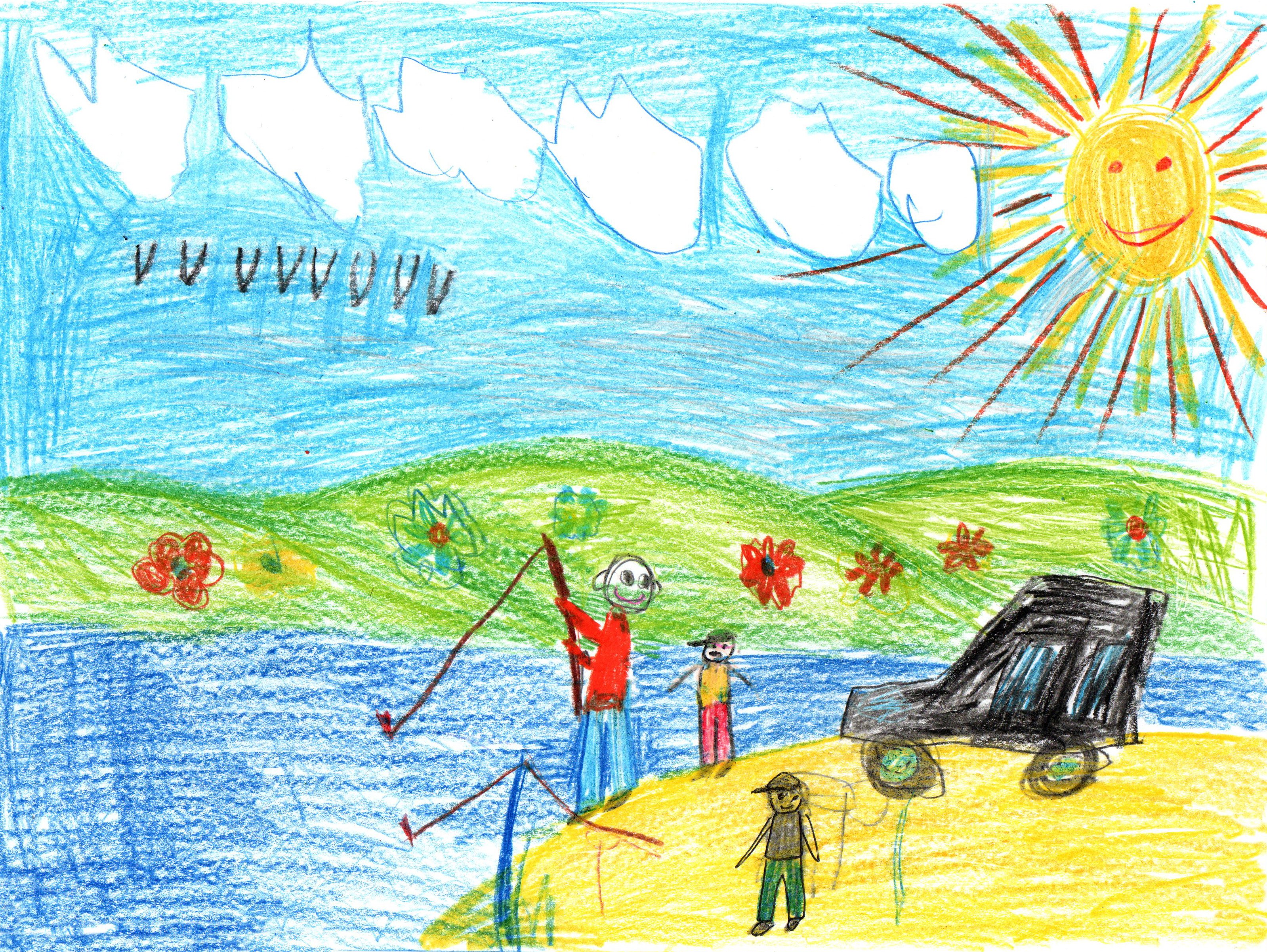 A child’s crayon drawing of a sunny day by the water. A large smiling sun shines over green hills with flowers. Three people stand on a yellow shore next to a black car; one is holding a fishing rod over the blue water. White clouds and V-shaped birds fill the blue sky.