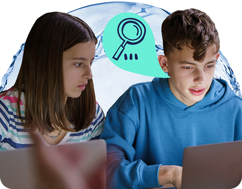 Two teenagers look focused while working together on a laptop. A magnifying glass icon in a turquoise bubble sits above them. A large, curved splash of water frames the duo, symbolizing research and exploration.