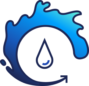 A circular logo featuring a blue gradient flame-like shape surrounding a central water droplet. A thin dark blue arrow curves along the bottom, completing the circle. The design uses shades of navy and cyan to symbolize a cycle of energy or fluid management.