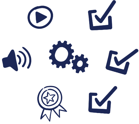 Group of icons: a speaker, a badge, a video, a checkbox, a gear