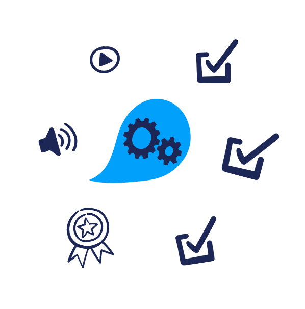 Group of icons: a speaker, a badge, a video, a checkbox, a gear