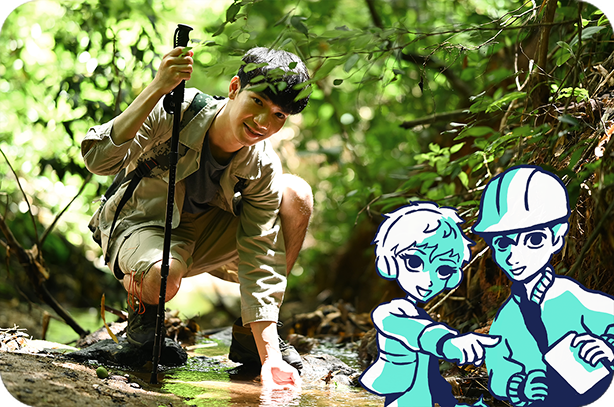 A young person crouches beside a forest stream, touching the water while holding a hiking pole, with illustrated characters of a water scientist and engineer beside them.