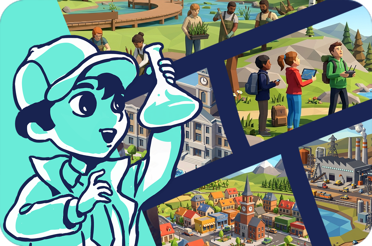 Illustrated young scientist holding a flask in front of scenes showing freshwater, communities, nature, and water-related industries.
