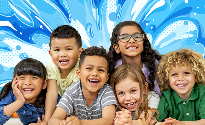 Six smiling children leaning together in front of a bright blue abstract background with wave-like shapes. Six smiling children leaning together in front of a bright blue abstract background with wave-like shapes.