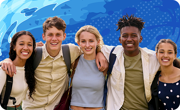 Five smiling students stand together in front of a blue water-themed graphic background.