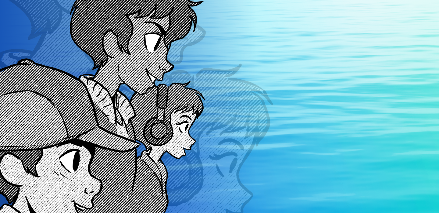 A black-and-white manga illustration of three characters moving forward against a background of blue and turquoise water ripples. A person has a cap, a person in a jacket smiles, and a character in the back wears headphones with a determined expression.
