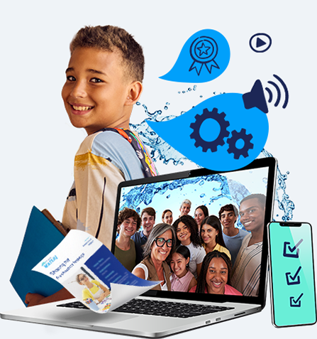 A smiling boy holds a folder next to a laptop displaying a group of students. Floating blue icons represent audio, settings, and achievement. A smartphone with a checklist and a paper document appear in the foreground against a splash of water. A smiling boy holds a folder next to a laptop displaying a group of students. Floating blue icons represent audio, settings, and achievement. A smartphone with a checklist and a paper document appear in the foreground against a splash of water.